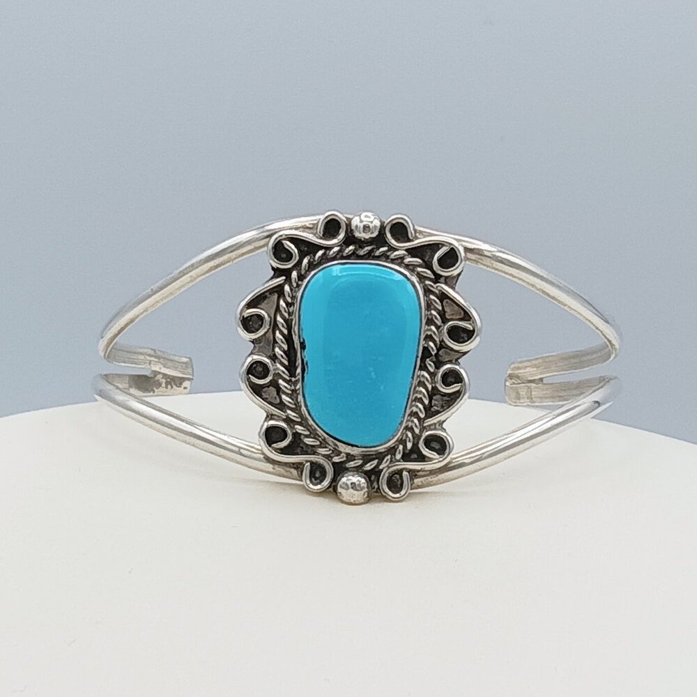 VTG 925 Sterling Silver NAVAJO Turquoise Braided Southwestern Cuff Bracelet